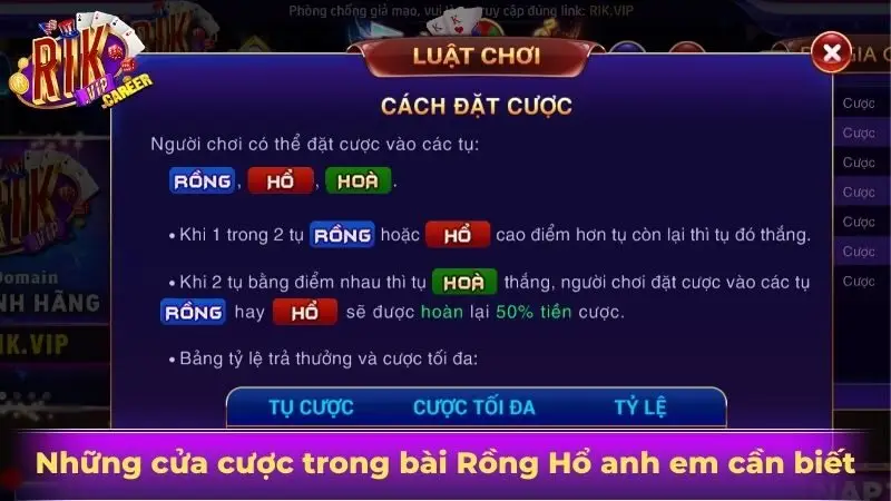 Những cửa cược trong bài Rồng Hổ anh em cần biết